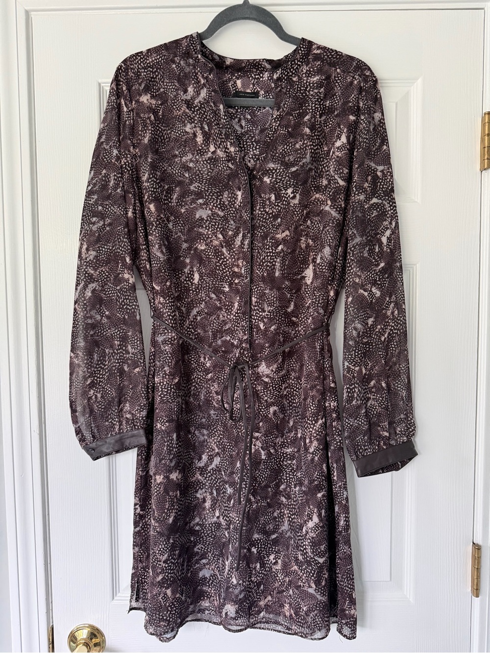 Vintage Ann Taylor Brown Printed Leather Piped Long-Sleeve Tie-Waist Dress - 14